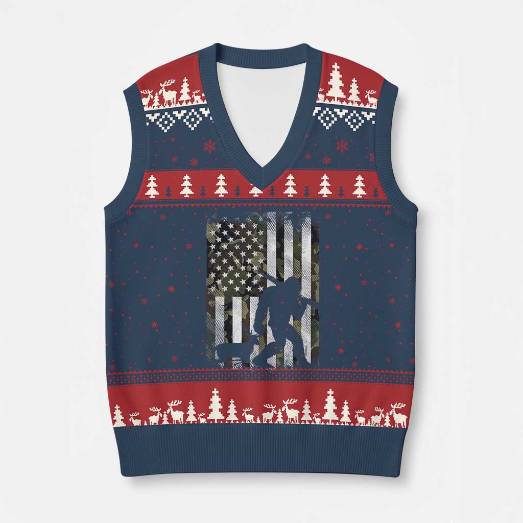 Bigfoot Deer Hunting V-Neck Knit Sweater Vest Camo US Flag Deer Elk Buck Hunting Hunter Dad