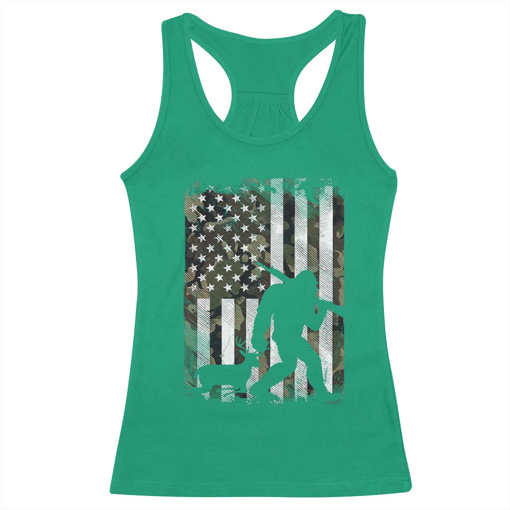 Bigfoot Deer Hunting Racerback Tank Top Camo US Flag Deer Elk Buck Hunting Hunter Dad