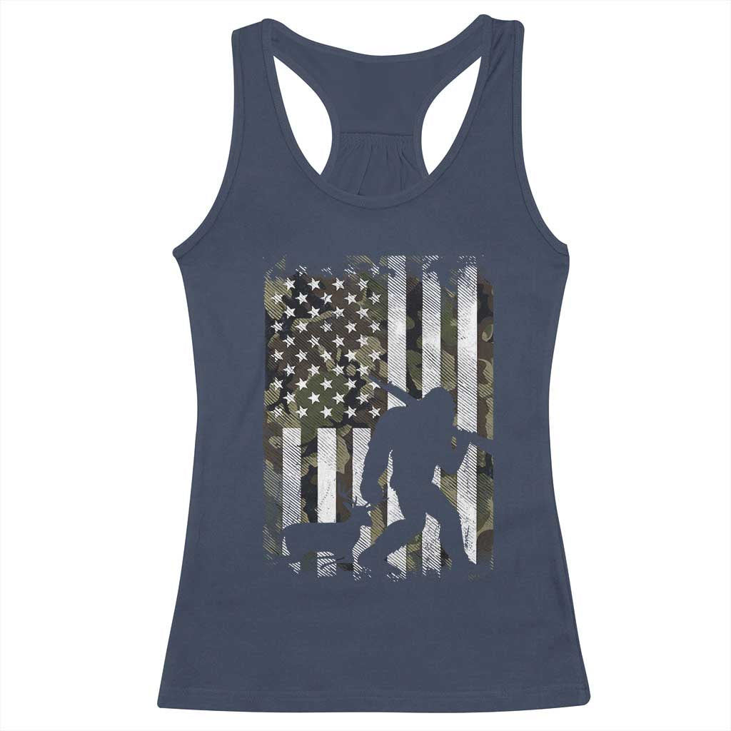 Bigfoot Deer Hunting Racerback Tank Top Camo US Flag Deer Elk Buck Hunting Hunter Dad