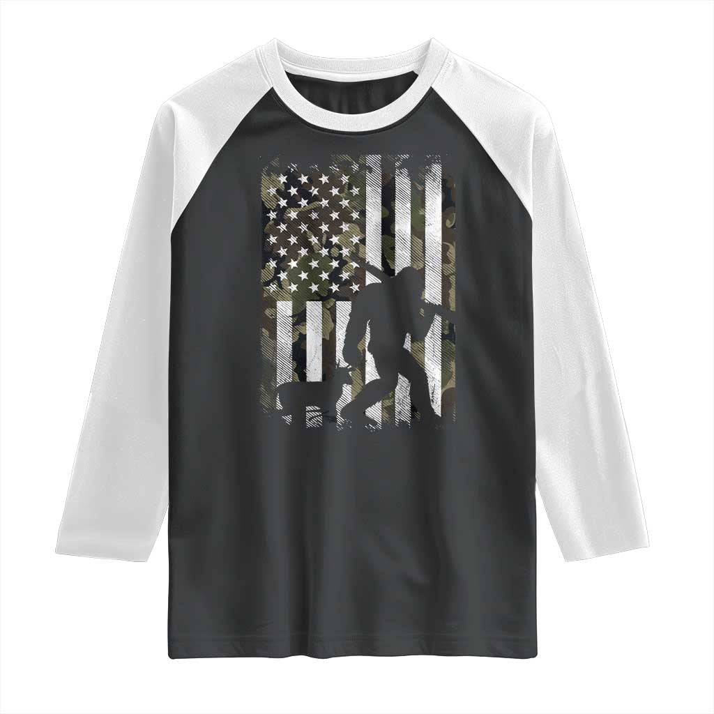 Bigfoot Deer Hunting Raglan Shirt Camo US Flag Deer Elk Buck Hunting Hunter Dad