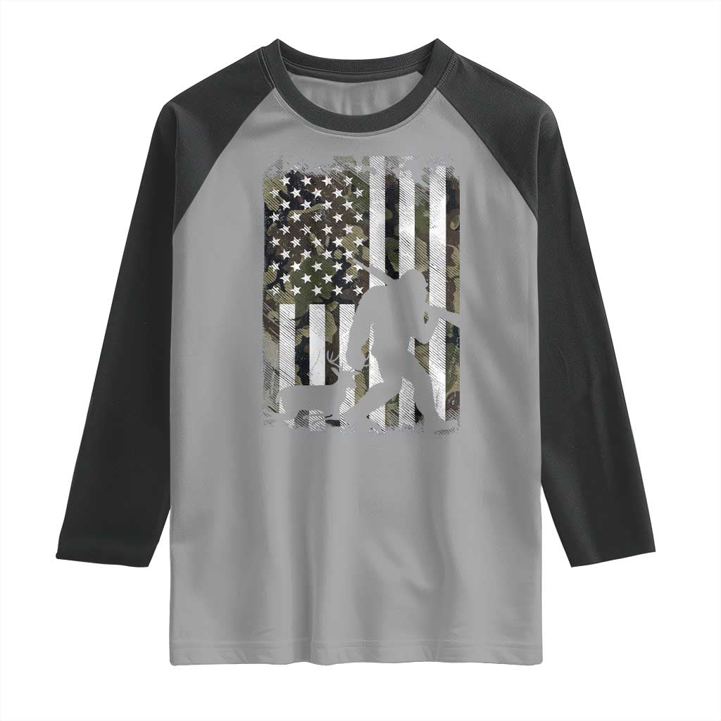Bigfoot Deer Hunting Raglan Shirt Camo US Flag Deer Elk Buck Hunting Hunter Dad