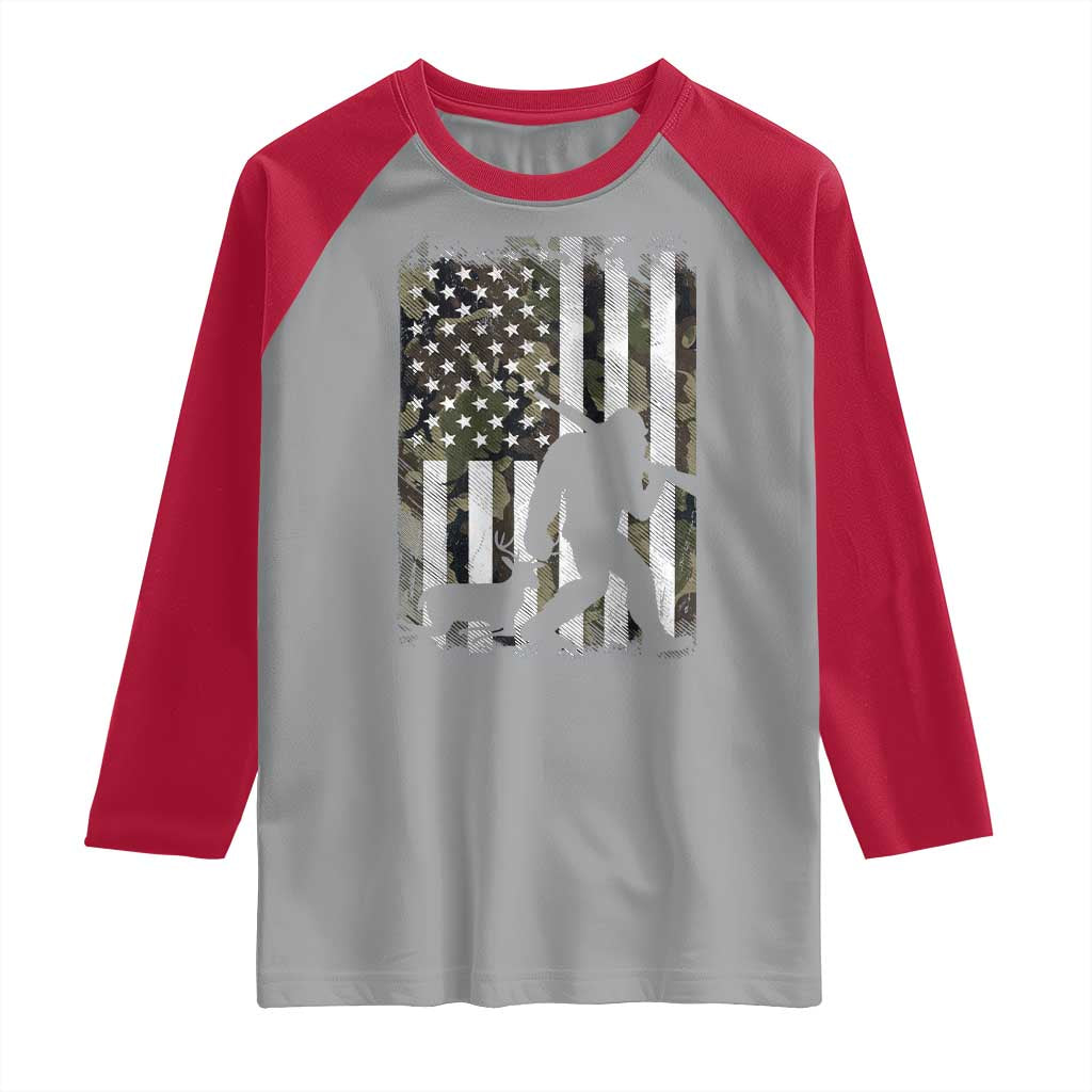 Bigfoot Deer Hunting Raglan Shirt Camo US Flag Deer Elk Buck Hunting Hunter Dad