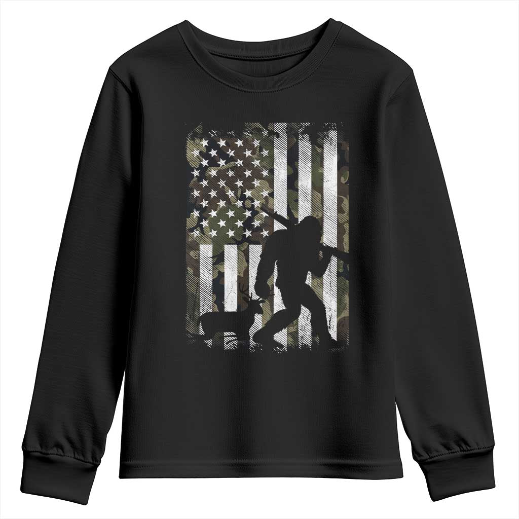 Bigfoot Deer Hunting Youth Sweatshirt Camo US Flag Deer Elk Buck Hunting Hunter Dad