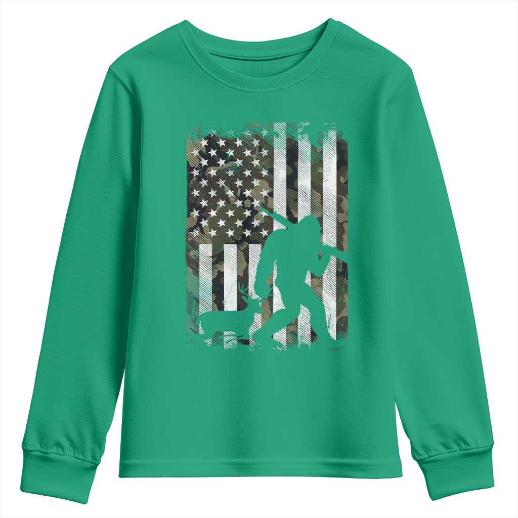 Bigfoot Deer Hunting Youth Sweatshirt Camo US Flag Deer Elk Buck Hunting Hunter Dad