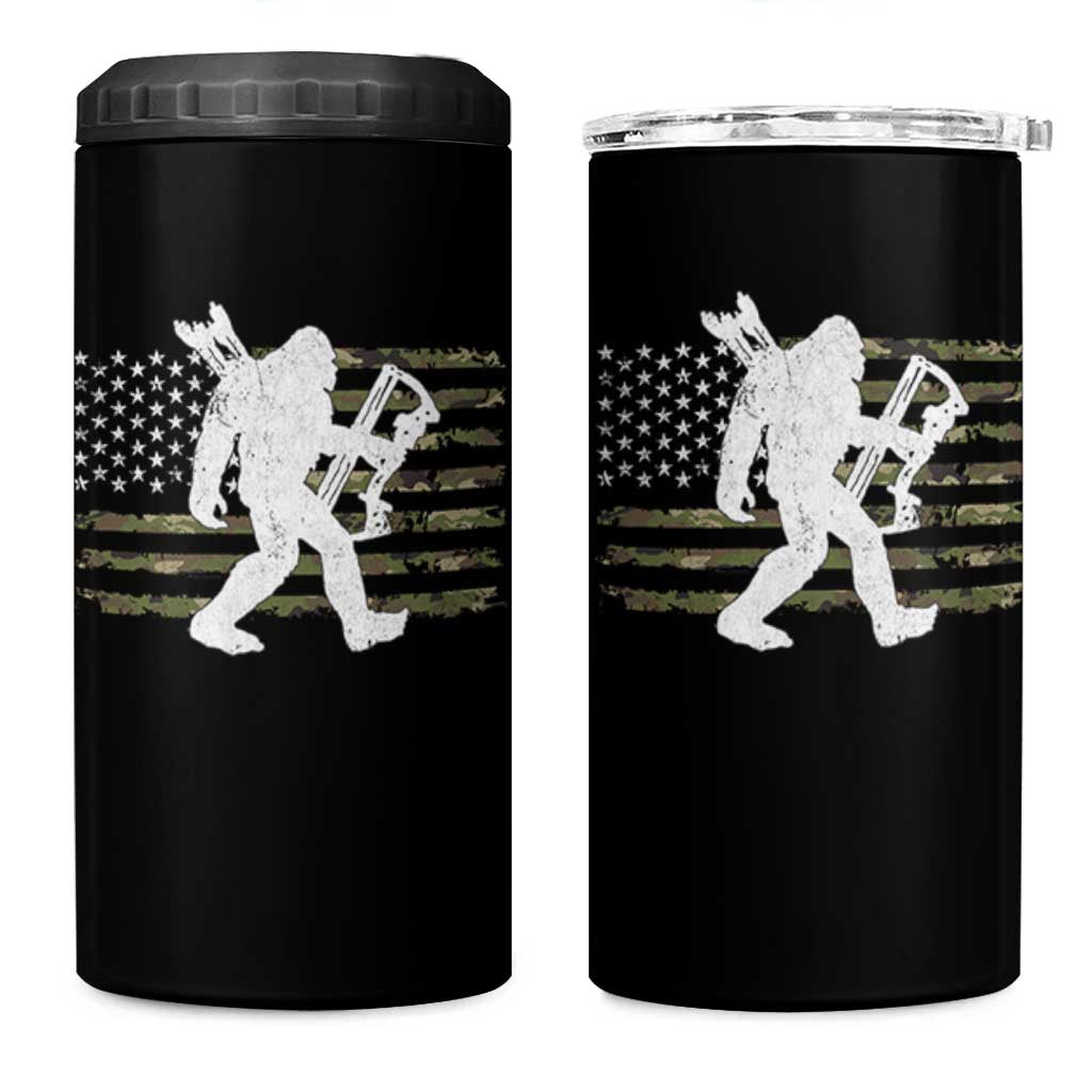 Bow Hunting Archer Bigfoot 4 in 1 Can Cooler Tumbler Sasquatch Camo US Flag Hunter Dad