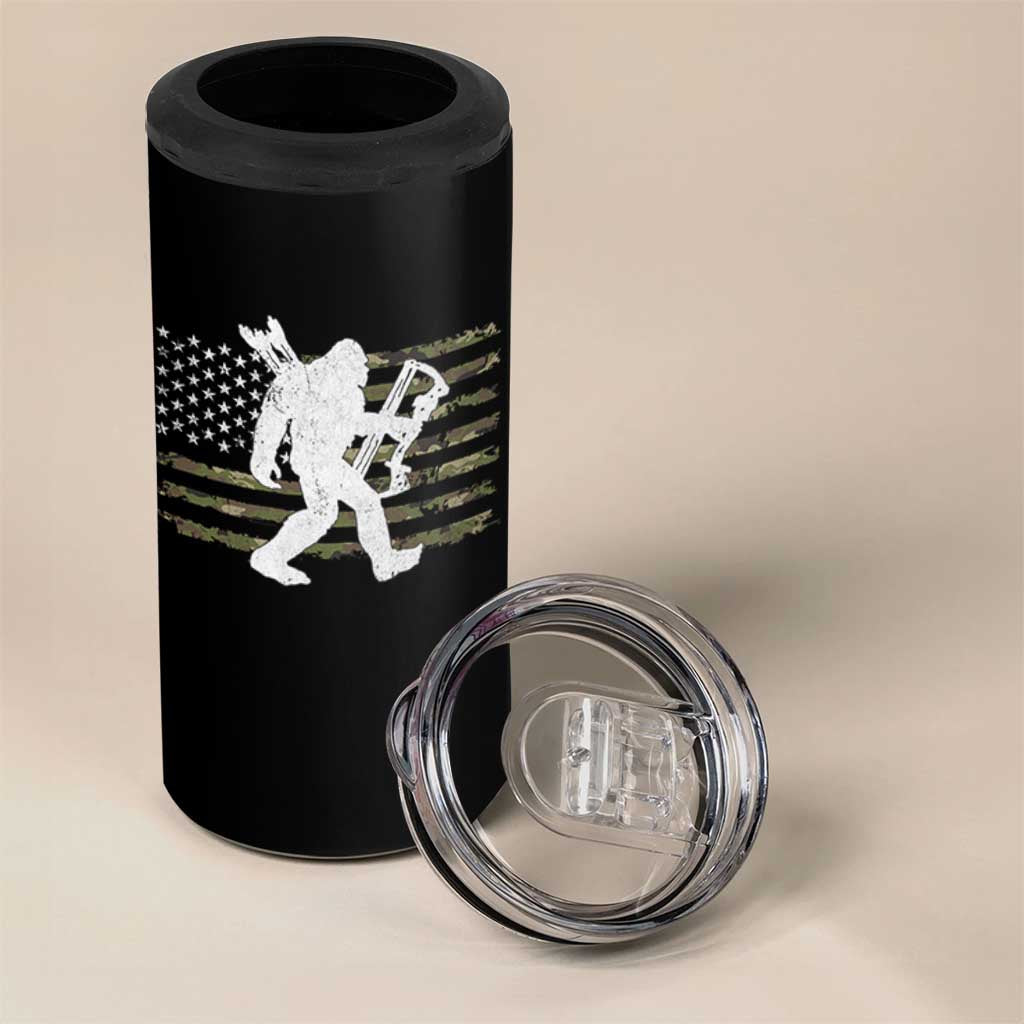Bow Hunting Archer Bigfoot 4 in 1 Can Cooler Tumbler Sasquatch Camo US Flag Hunter Dad