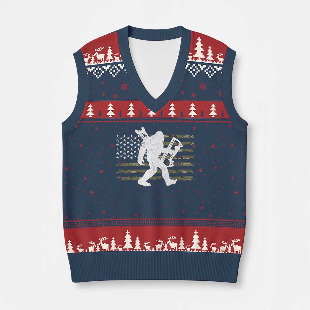 Bow Hunting Archer Bigfoot V-Neck Knit Sweater Vest Sasquatch Camo US Flag Hunter Dad