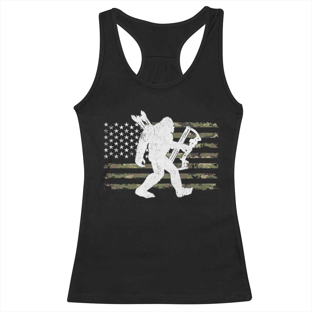 Bow Hunting Archer Bigfoot Racerback Tank Top Sasquatch Camo US Flag Hunter Dad