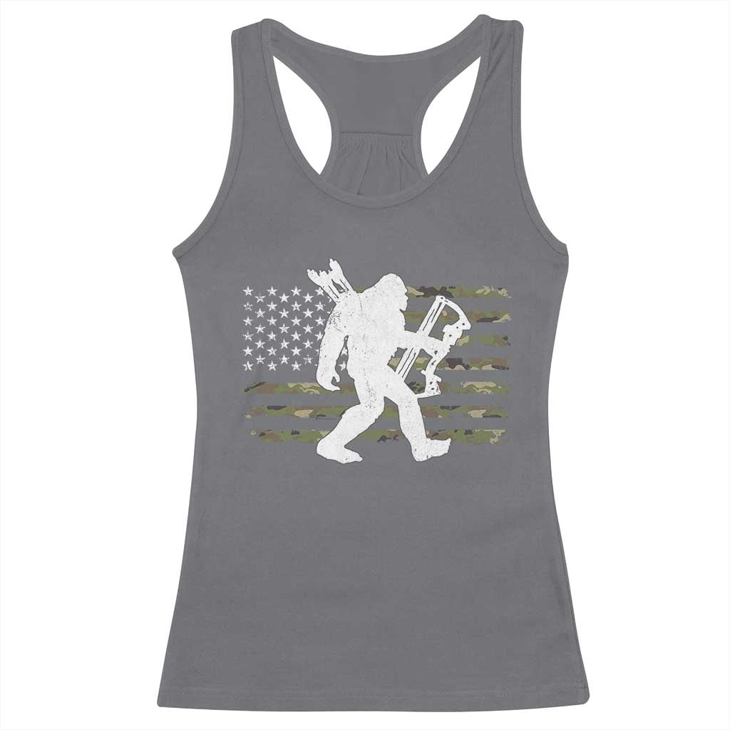 Bow Hunting Archer Bigfoot Racerback Tank Top Sasquatch Camo US Flag Hunter Dad
