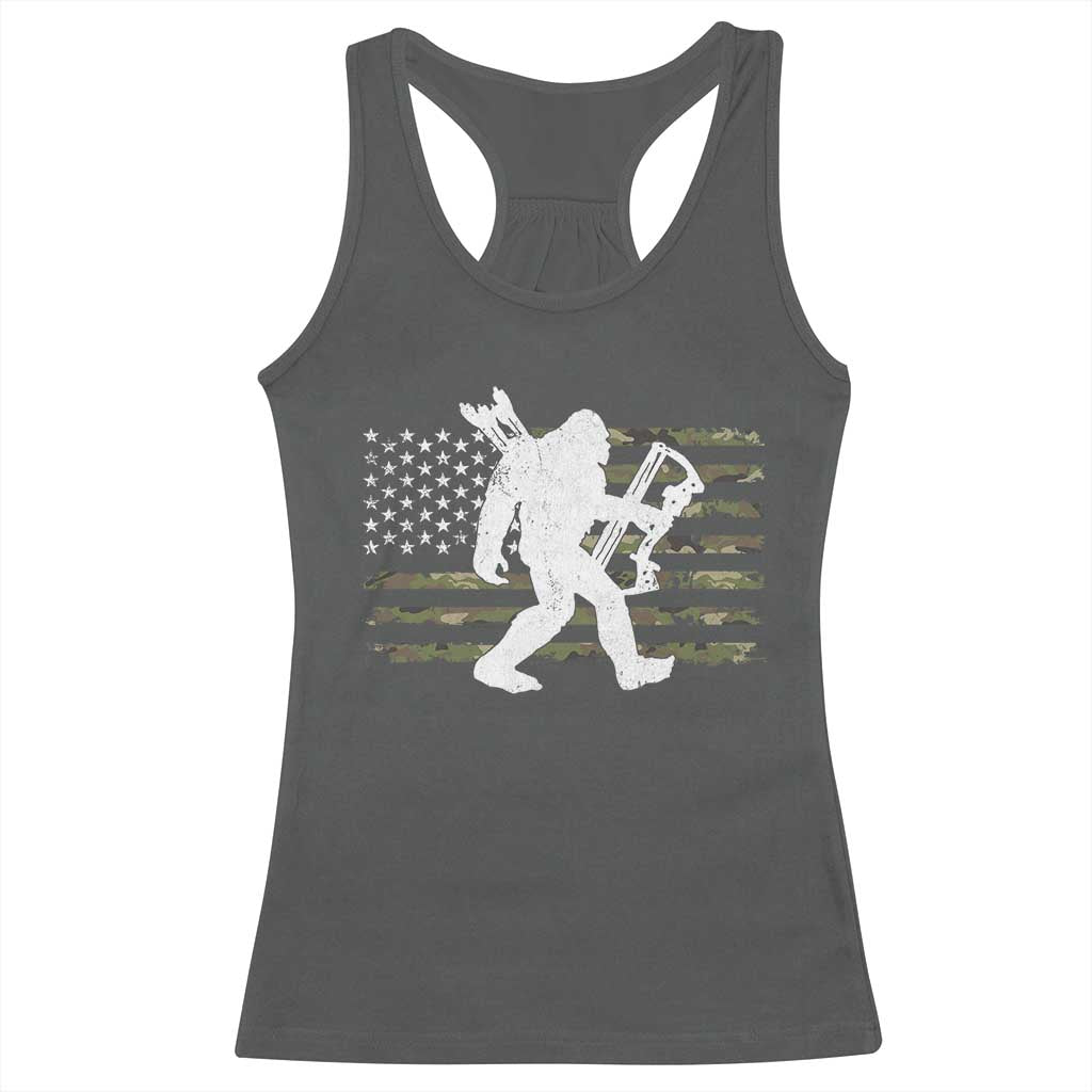 Bow Hunting Archer Bigfoot Racerback Tank Top Sasquatch Camo US Flag Hunter Dad