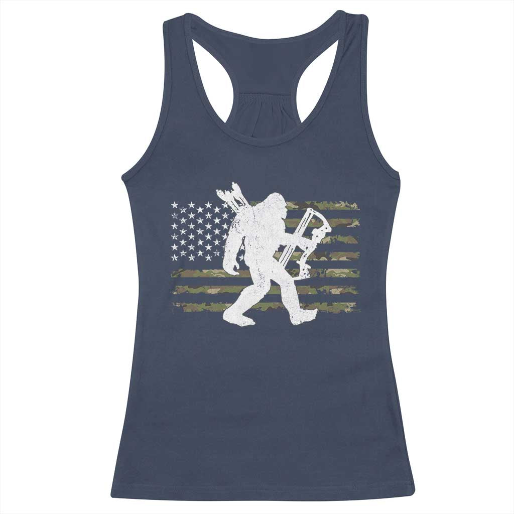 Bow Hunting Archer Bigfoot Racerback Tank Top Sasquatch Camo US Flag Hunter Dad