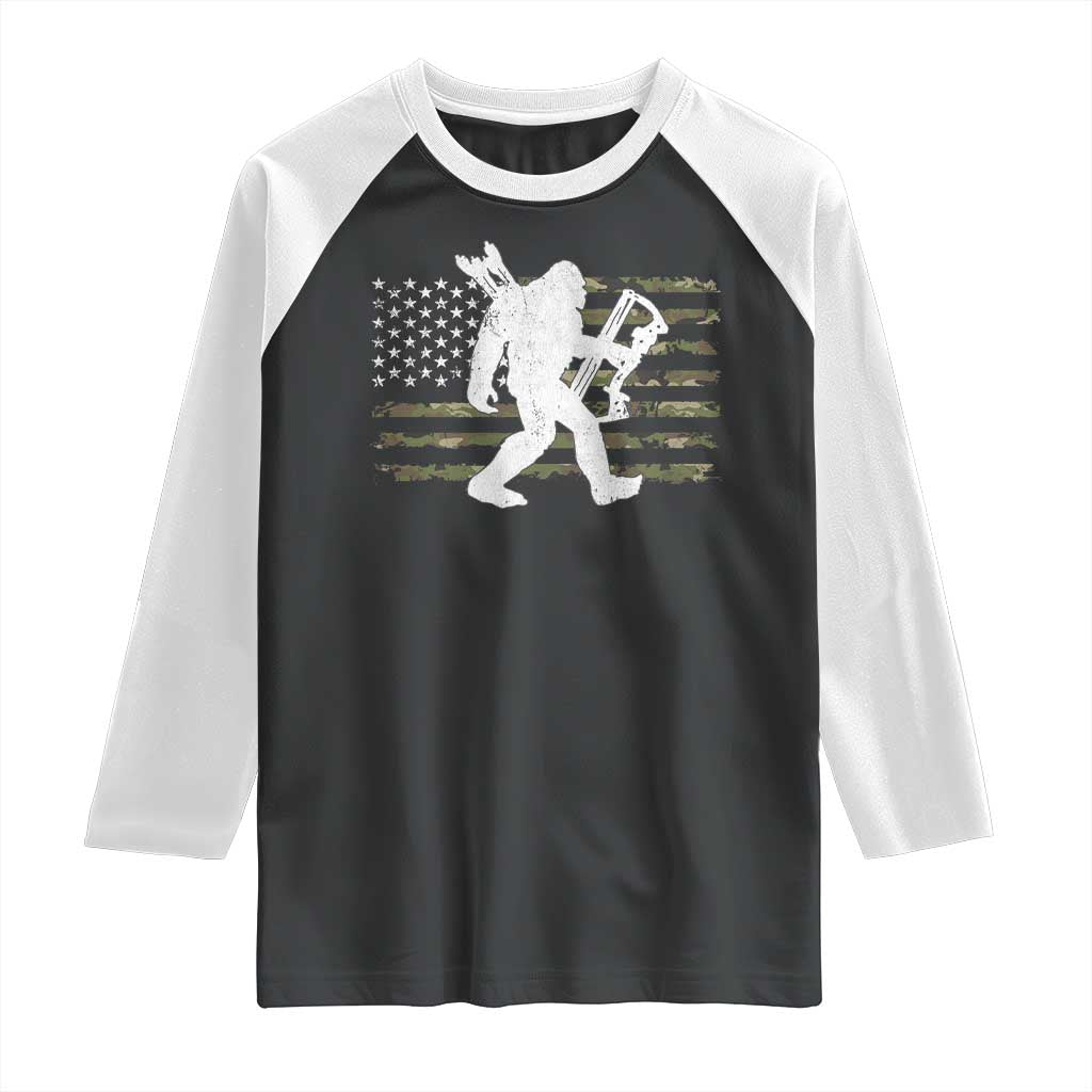 Bow Hunting Archer Bigfoot Raglan Shirt Sasquatch Camo US Flag Hunter Dad