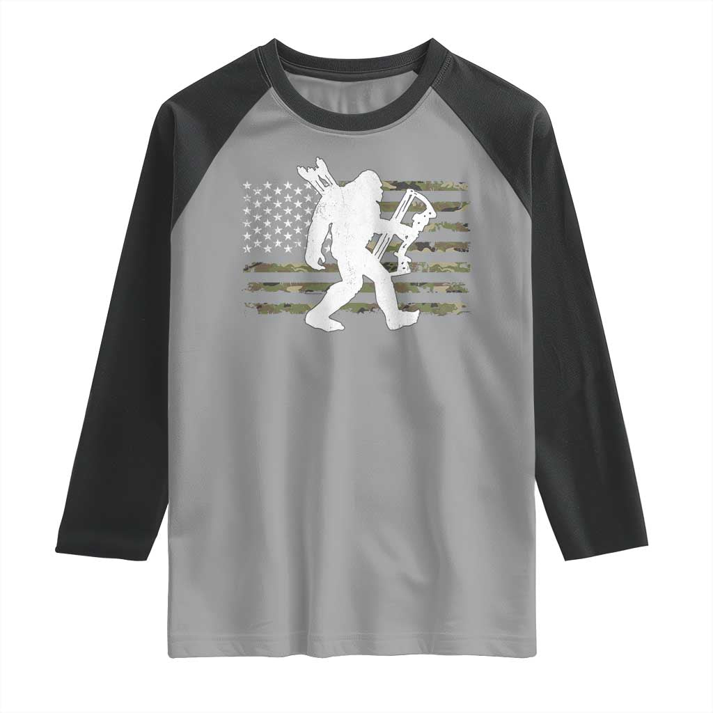 Bow Hunting Archer Bigfoot Raglan Shirt Sasquatch Camo US Flag Hunter Dad