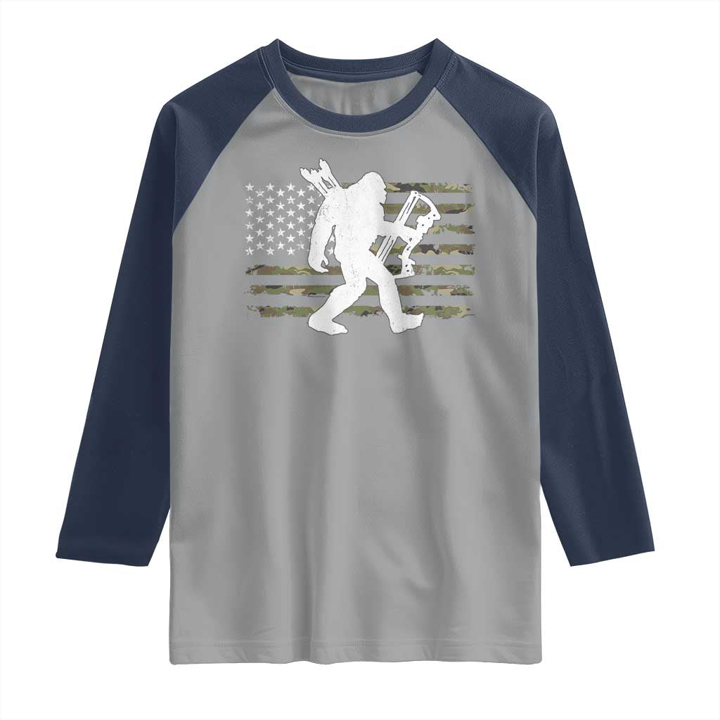 Bow Hunting Archer Bigfoot Raglan Shirt Sasquatch Camo US Flag Hunter Dad