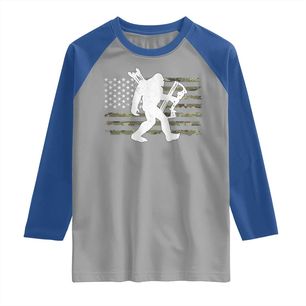 Bow Hunting Archer Bigfoot Raglan Shirt Sasquatch Camo US Flag Hunter Dad