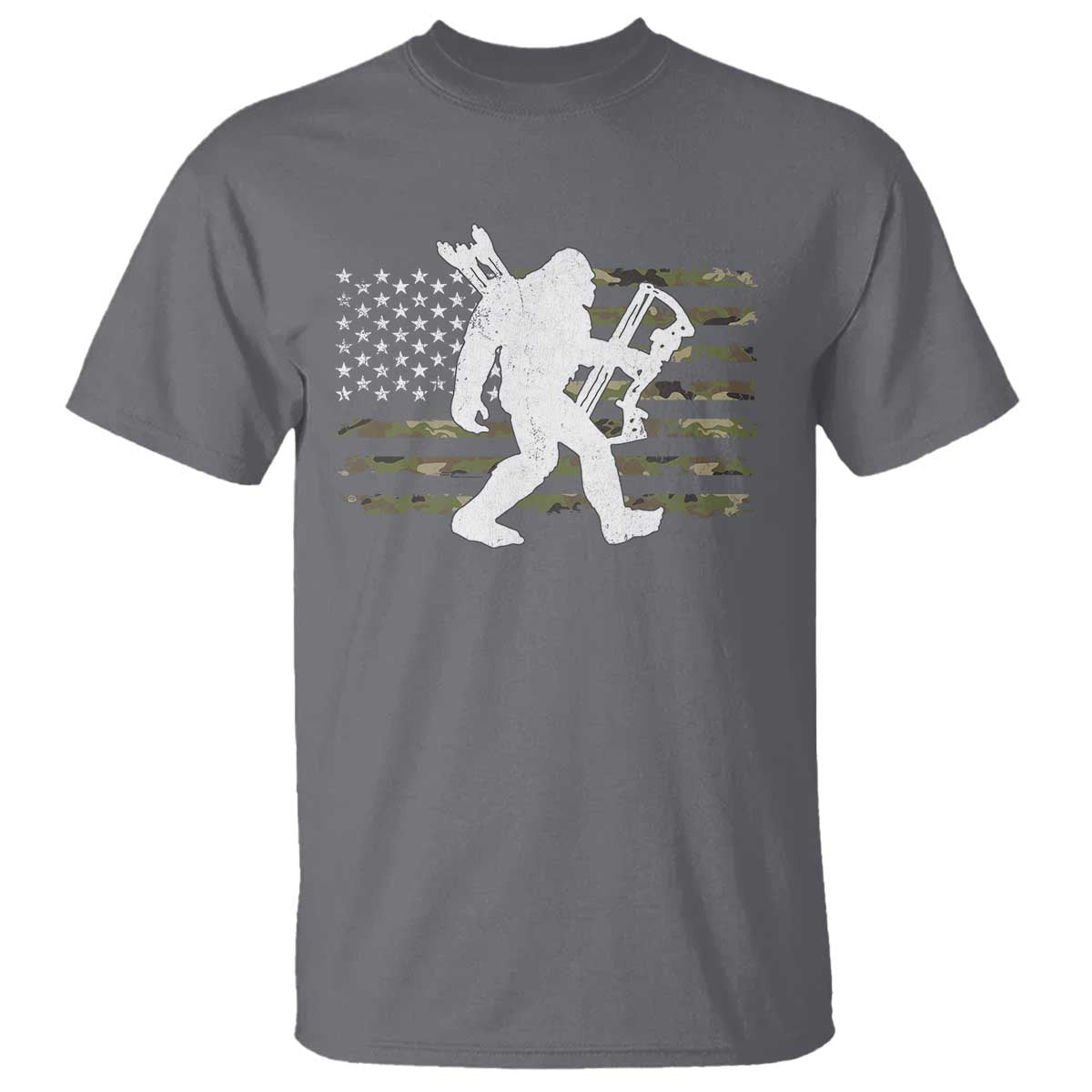 Bow Hunting Archer Bigfoot T Shirt Sasquatch Camo US Flag Hunter Dad