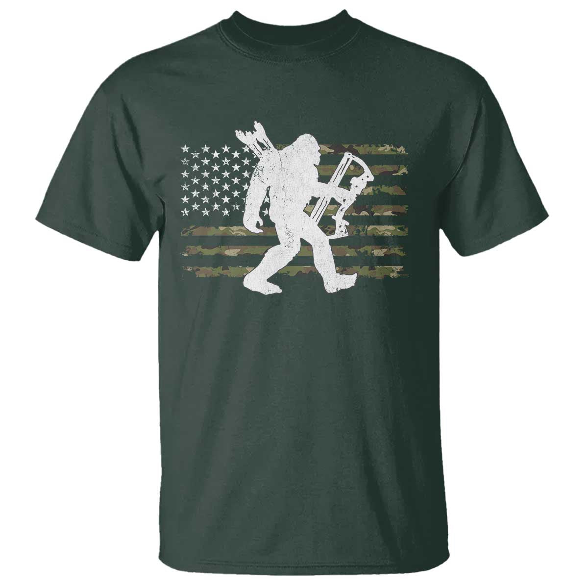 Bow Hunting Archer Bigfoot T Shirt Sasquatch Camo US Flag Hunter Dad