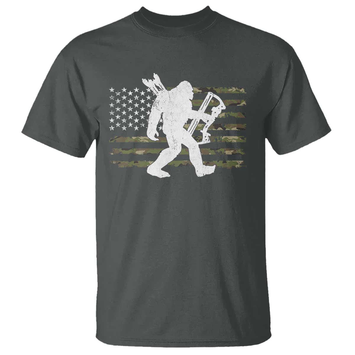 Bow Hunting Archer Bigfoot T Shirt Sasquatch Camo US Flag Hunter Dad