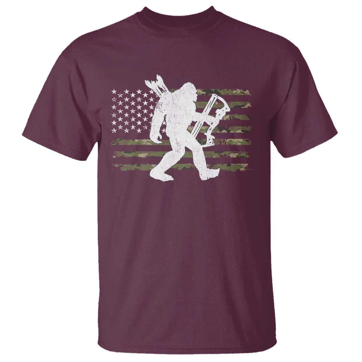 Bow Hunting Archer Bigfoot T Shirt Sasquatch Camo US Flag Hunter Dad