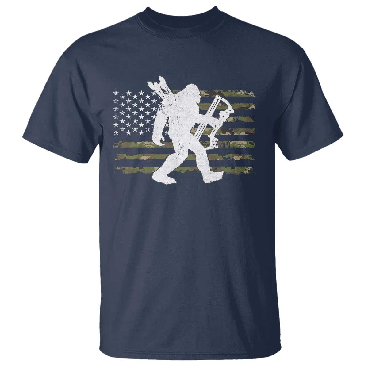 Bow Hunting Archer Bigfoot T Shirt Sasquatch Camo US Flag Hunter Dad