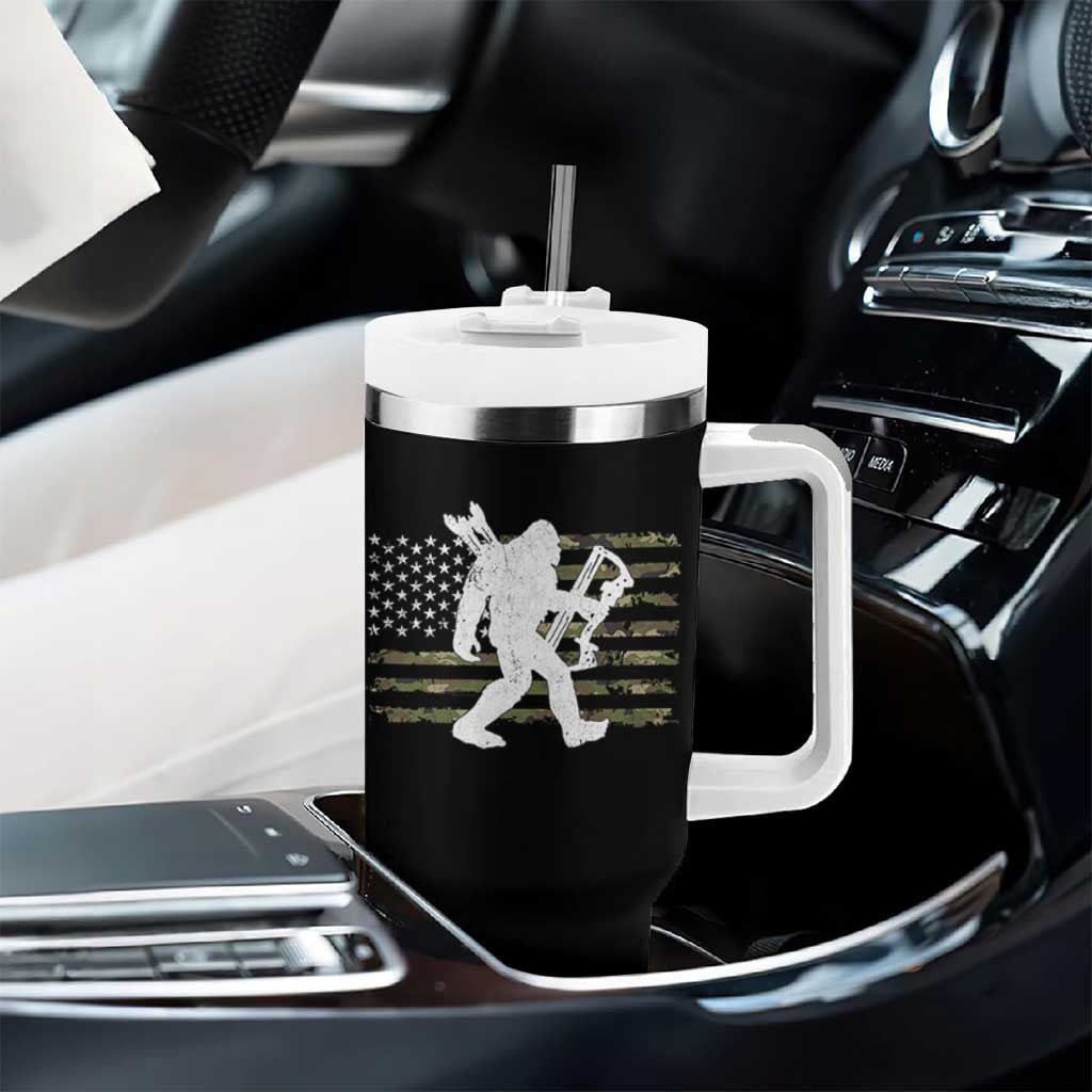 Bow Hunting Archer Bigfoot Tumbler With Handle Sasquatch Camo US Flag Hunter Dad