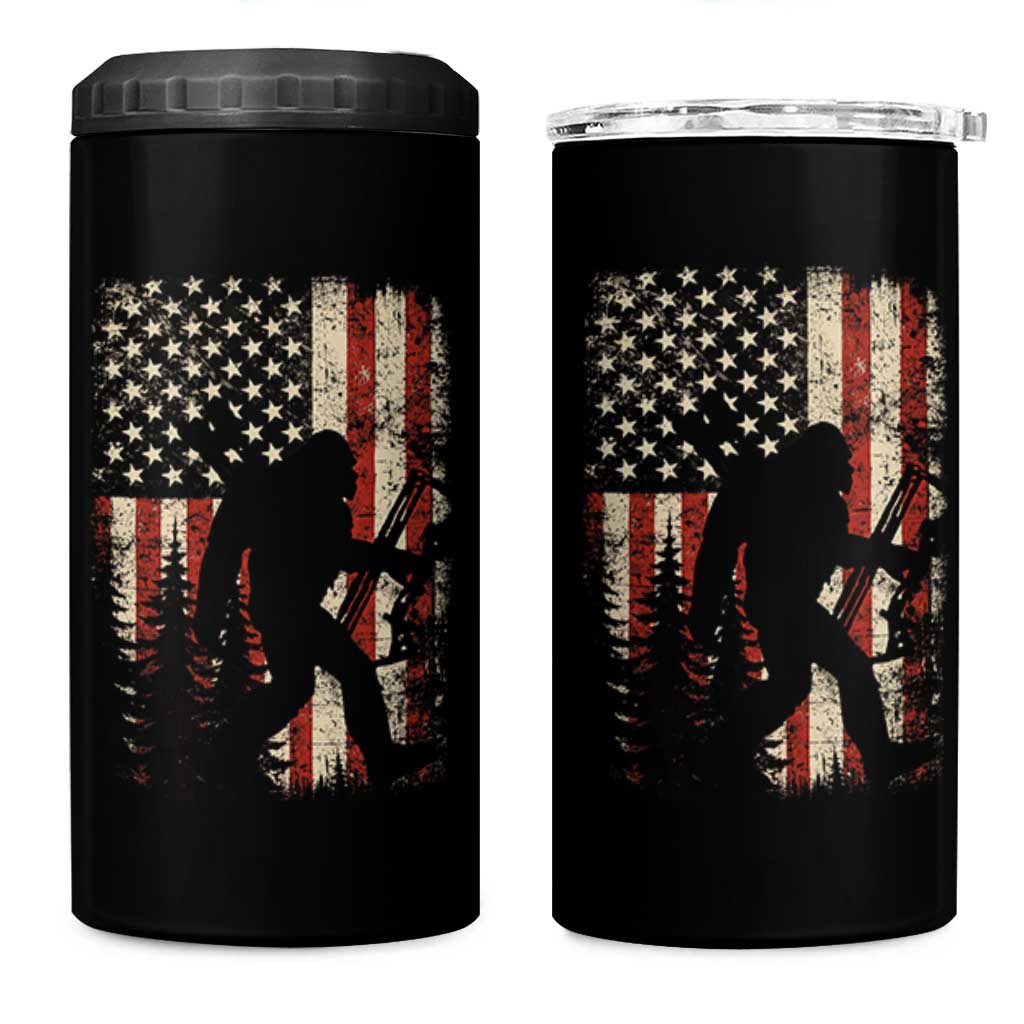 Bow Hunting Bigfoot America Flag 4 in 1 Can Cooler Tumbler Patriotic Sasquatch With Archer Hunter Dad
