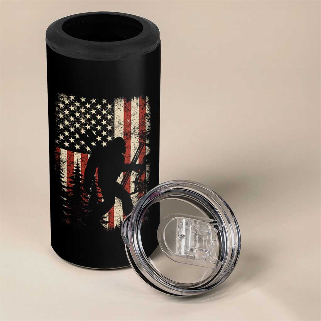 Bow Hunting Bigfoot America Flag 4 in 1 Can Cooler Tumbler Patriotic Sasquatch With Archer Hunter Dad