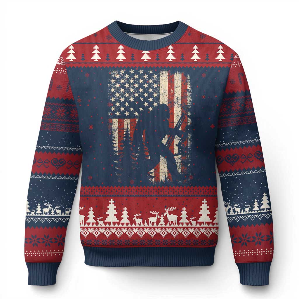 Bow Hunting Bigfoot America Flag Ugly Christmas Sweater Patriotic Sasquatch With Archer Hunter Dad