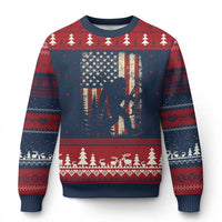 Bow Hunting Bigfoot America Flag Ugly Christmas Sweater Patriotic Sasquatch With Archer Hunter Dad