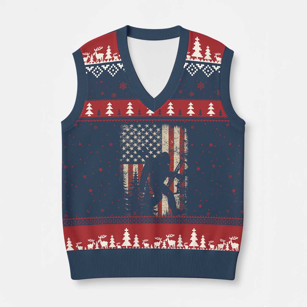 Bow Hunting Bigfoot America Flag V-Neck Knit Sweater Vest Patriotic Sasquatch With Archer Hunter Dad