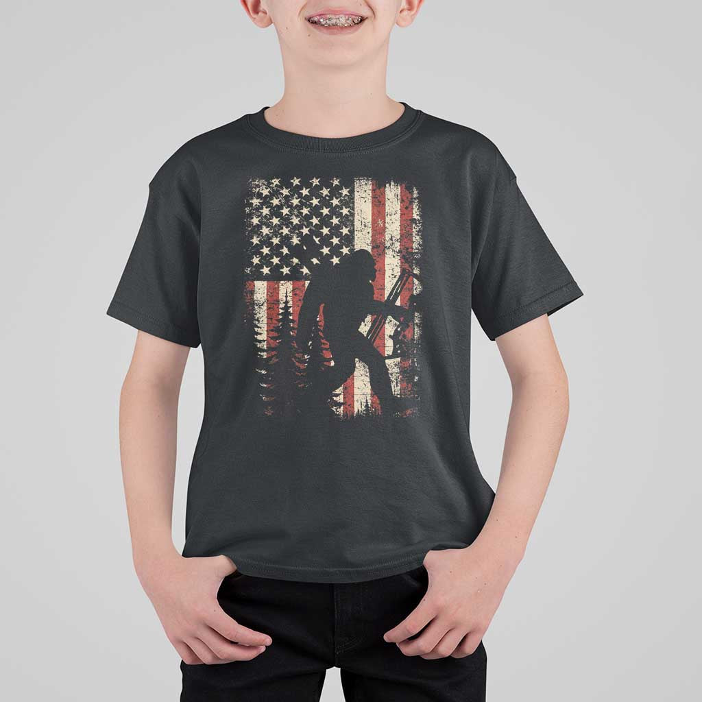 Bow Hunting Bigfoot America Flag T Shirt For Kid Patriotic Sasquatch With Archer Hunter Dad