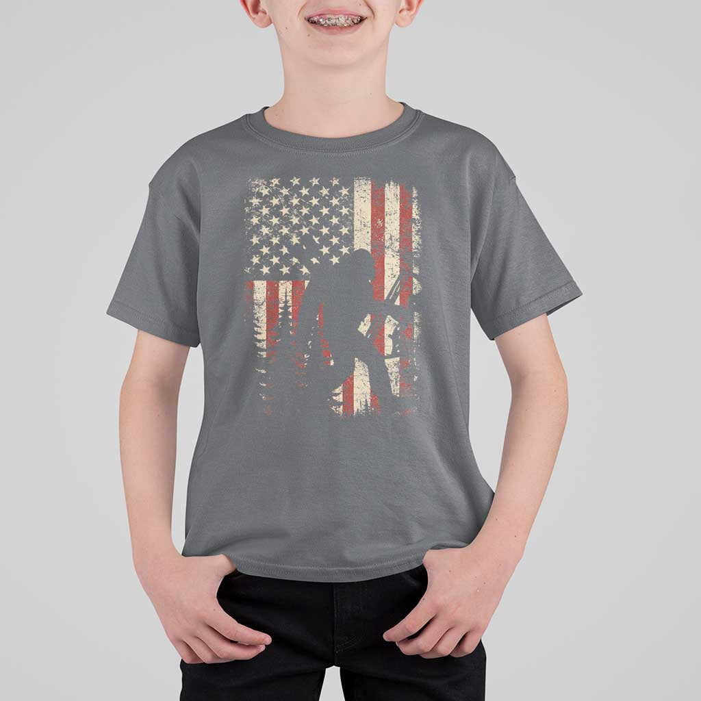 Bow Hunting Bigfoot America Flag T Shirt For Kid Patriotic Sasquatch With Archer Hunter Dad