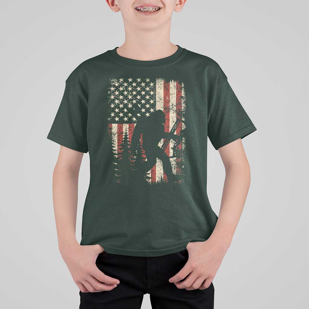 Bow Hunting Bigfoot America Flag T Shirt For Kid Patriotic Sasquatch With Archer Hunter Dad