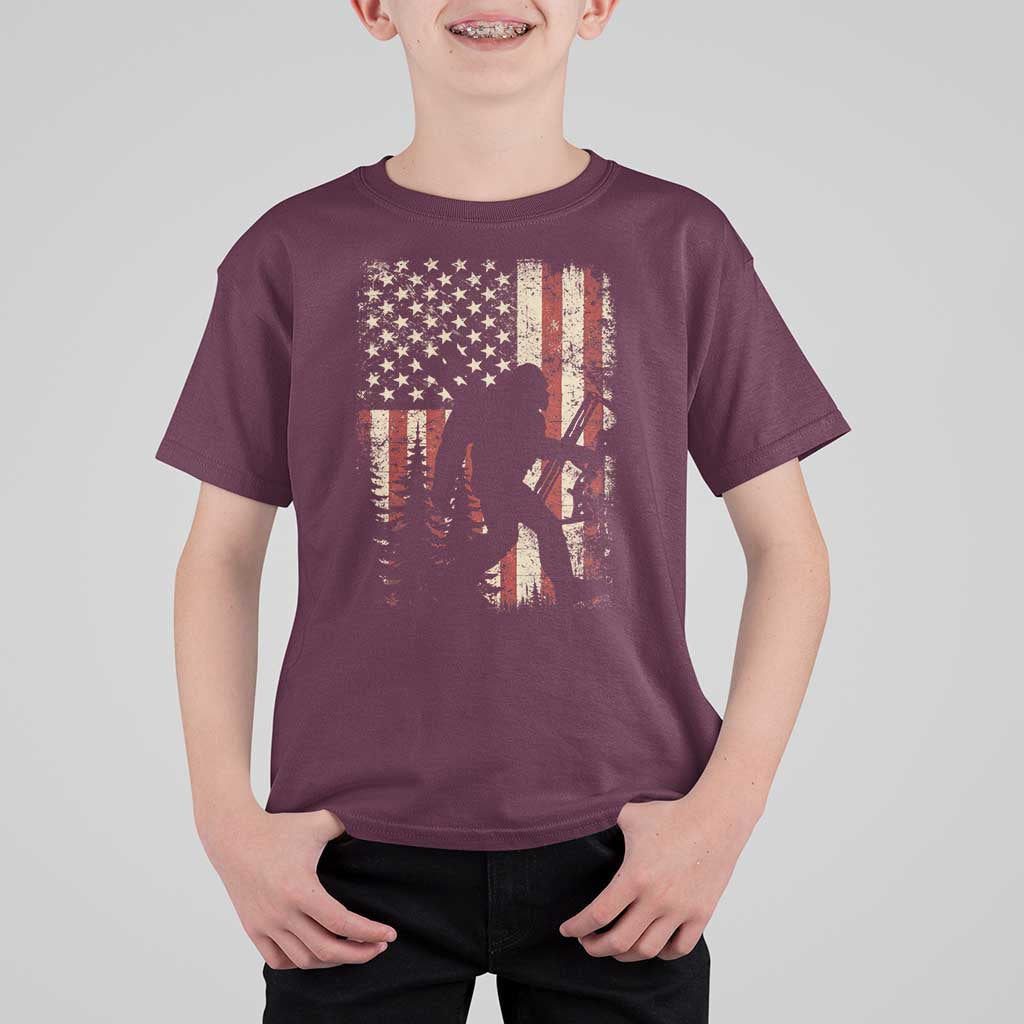 Bow Hunting Bigfoot America Flag T Shirt For Kid Patriotic Sasquatch With Archer Hunter Dad