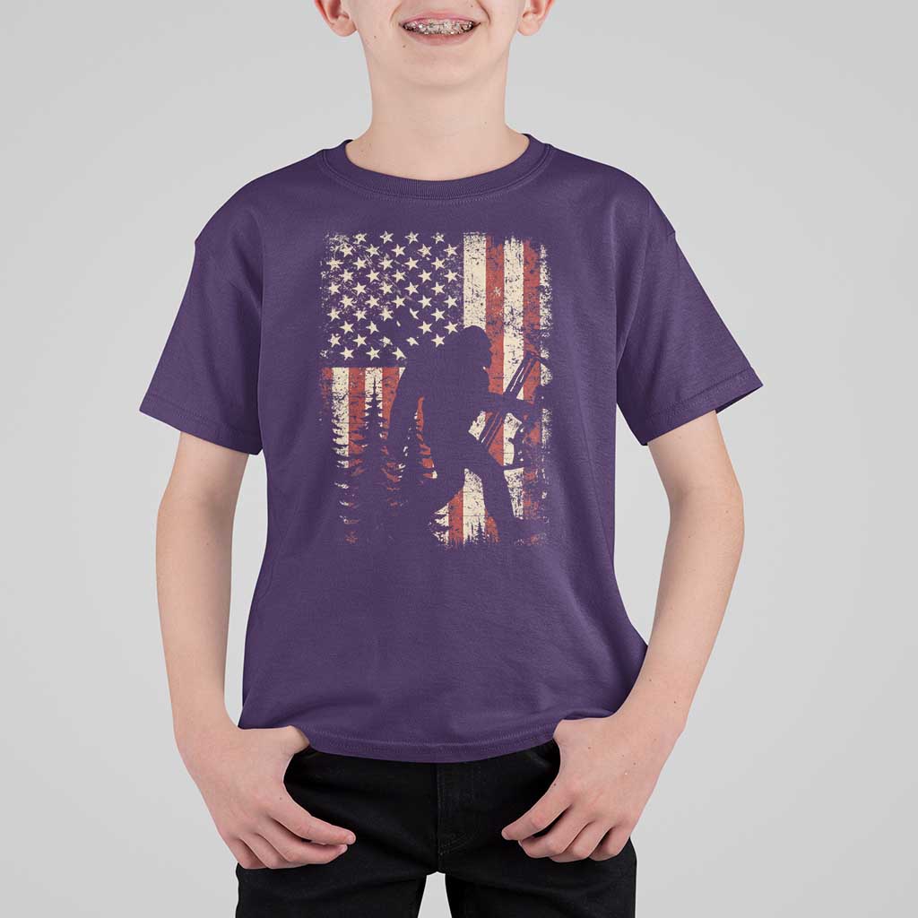 Bow Hunting Bigfoot America Flag T Shirt For Kid Patriotic Sasquatch With Archer Hunter Dad