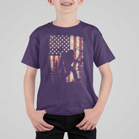 Bow Hunting Bigfoot America Flag T Shirt For Kid Patriotic Sasquatch With Archer Hunter Dad