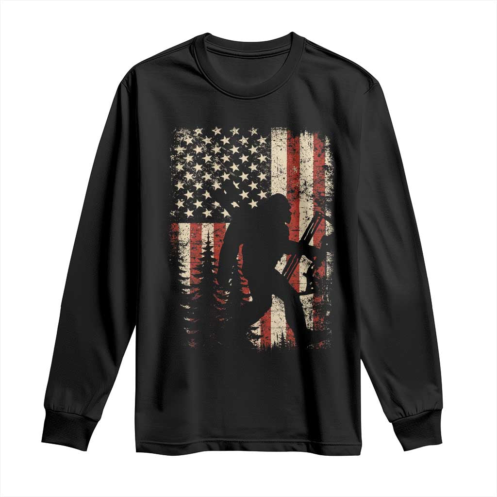 Bow Hunting Bigfoot America Flag Long Sleeve Shirt Patriotic Sasquatch With Archer Hunter Dad