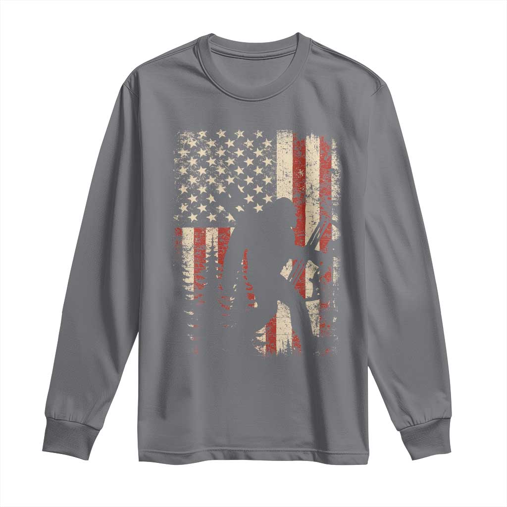 Bow Hunting Bigfoot America Flag Long Sleeve Shirt Patriotic Sasquatch With Archer Hunter Dad