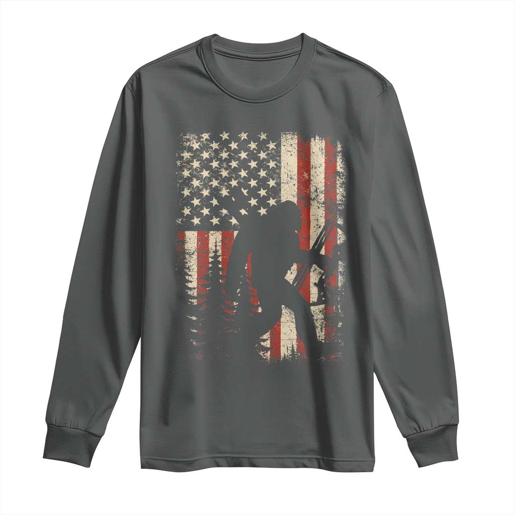 Bow Hunting Bigfoot America Flag Long Sleeve Shirt Patriotic Sasquatch With Archer Hunter Dad