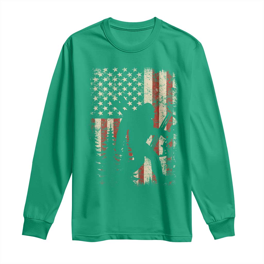 Bow Hunting Bigfoot America Flag Long Sleeve Shirt Patriotic Sasquatch With Archer Hunter Dad