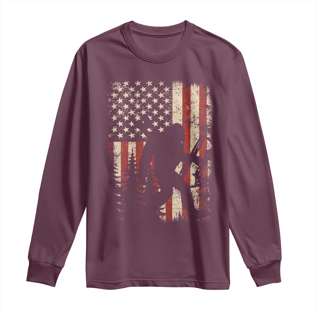 Bow Hunting Bigfoot America Flag Long Sleeve Shirt Patriotic Sasquatch With Archer Hunter Dad