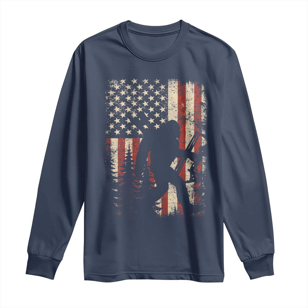 Bow Hunting Bigfoot America Flag Long Sleeve Shirt Patriotic Sasquatch With Archer Hunter Dad