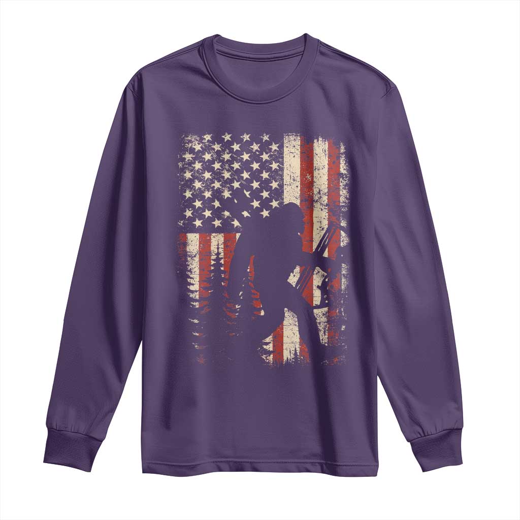 Bow Hunting Bigfoot America Flag Long Sleeve Shirt Patriotic Sasquatch With Archer Hunter Dad