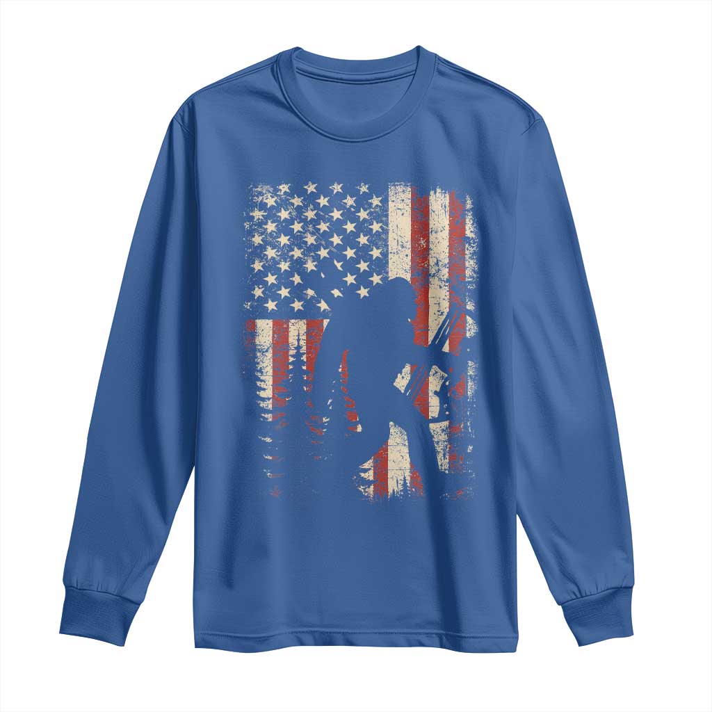 Bow Hunting Bigfoot America Flag Long Sleeve Shirt Patriotic Sasquatch With Archer Hunter Dad
