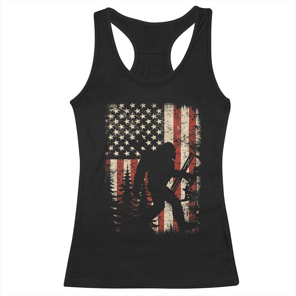 Bow Hunting Bigfoot America Flag Racerback Tank Top Patriotic Sasquatch With Archer Hunter Dad
