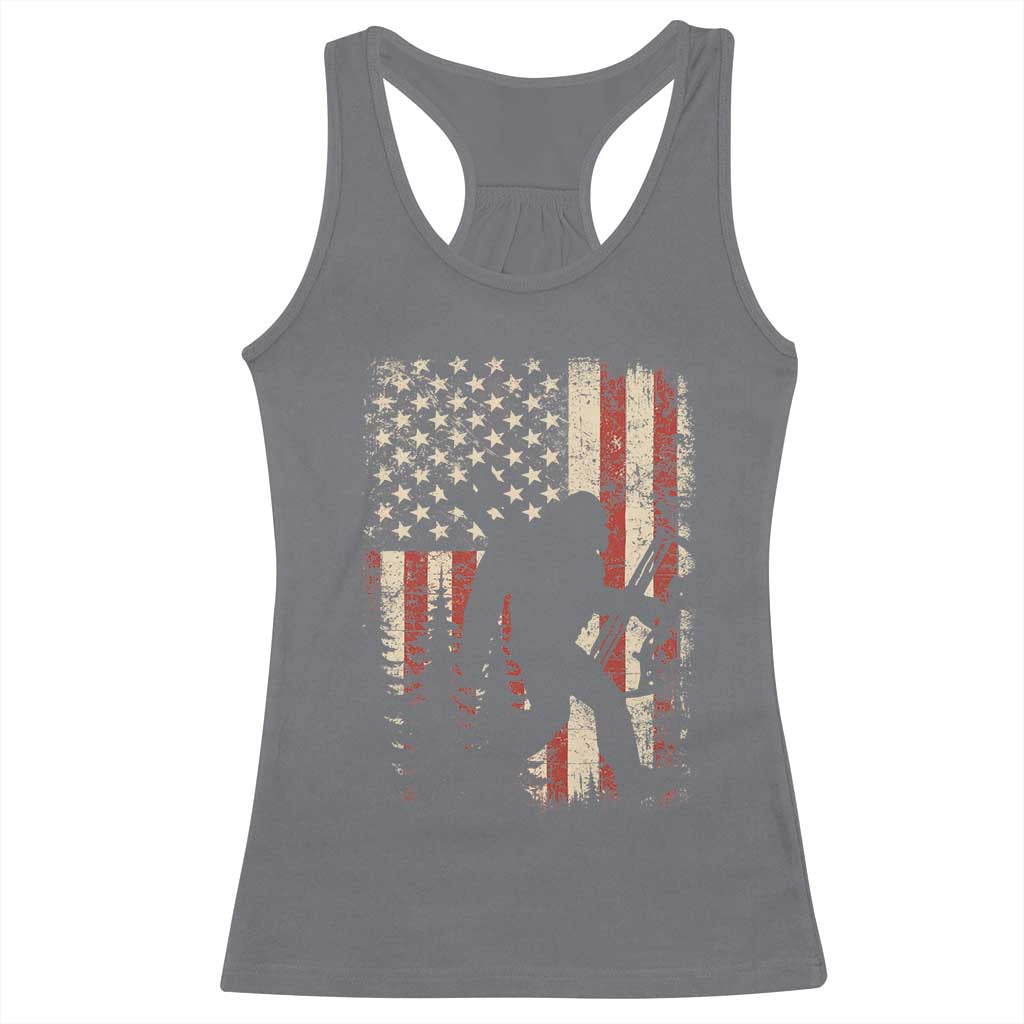 Bow Hunting Bigfoot America Flag Racerback Tank Top Patriotic Sasquatch With Archer Hunter Dad