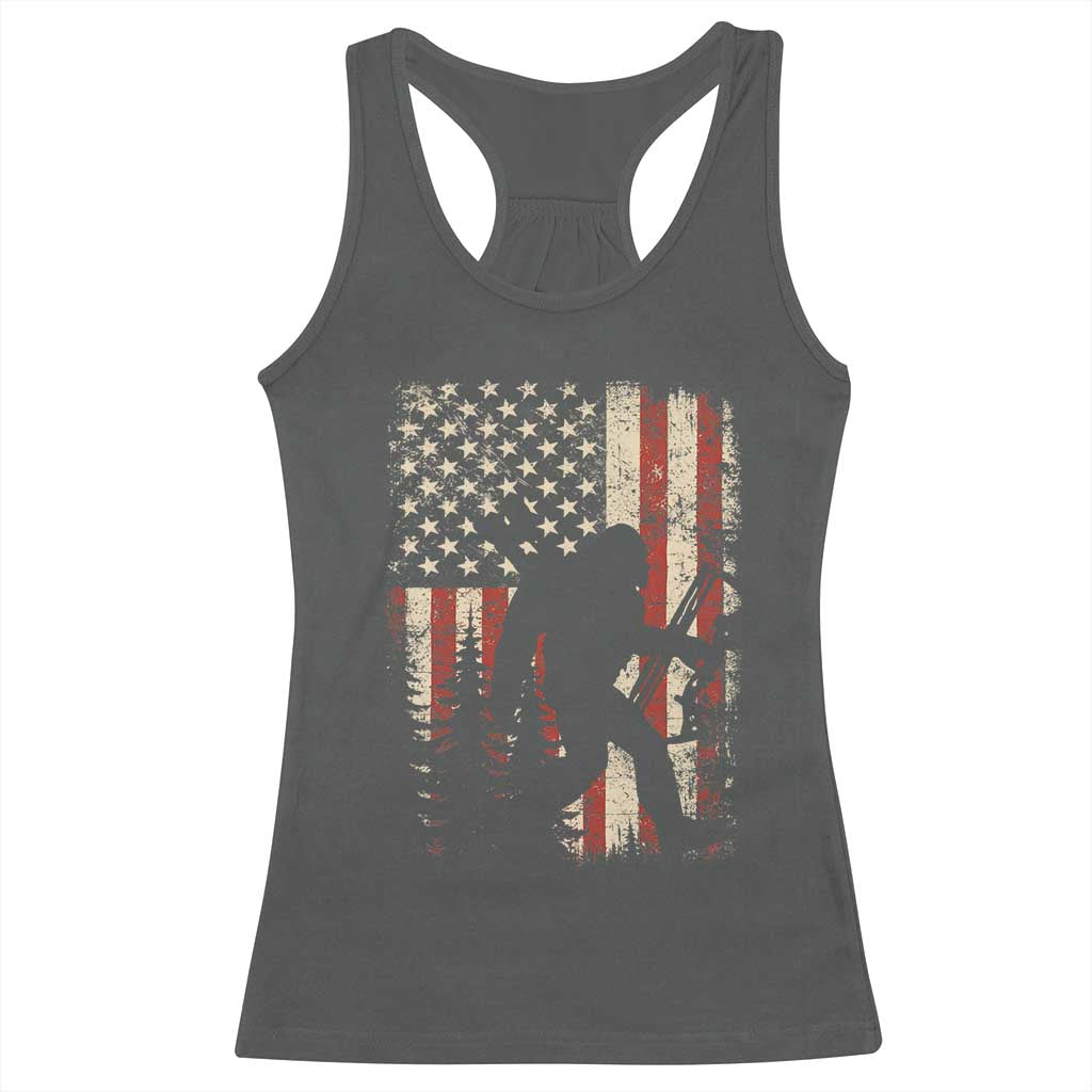Bow Hunting Bigfoot America Flag Racerback Tank Top Patriotic Sasquatch With Archer Hunter Dad