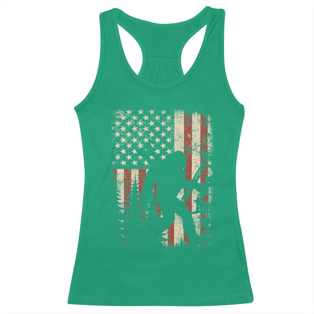 Bow Hunting Bigfoot America Flag Racerback Tank Top Patriotic Sasquatch With Archer Hunter Dad