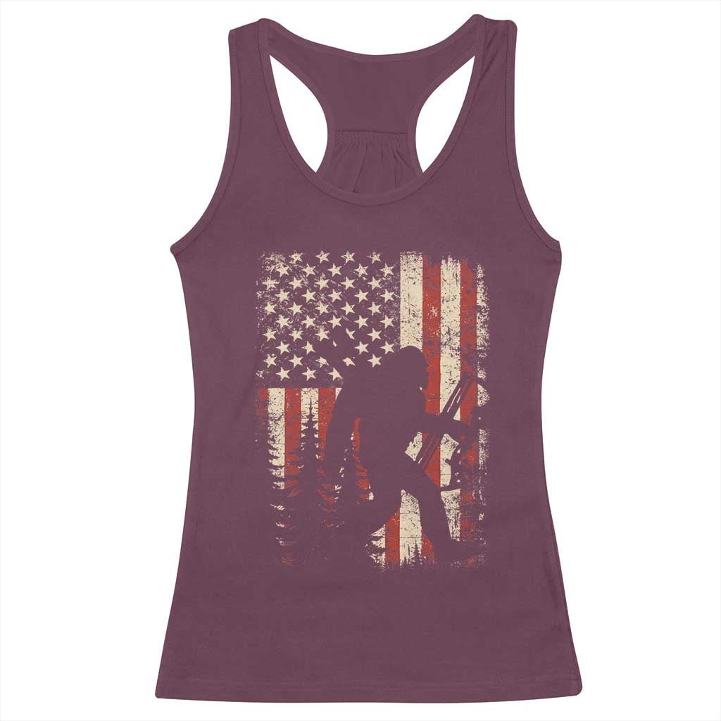 Bow Hunting Bigfoot America Flag Racerback Tank Top Patriotic Sasquatch With Archer Hunter Dad
