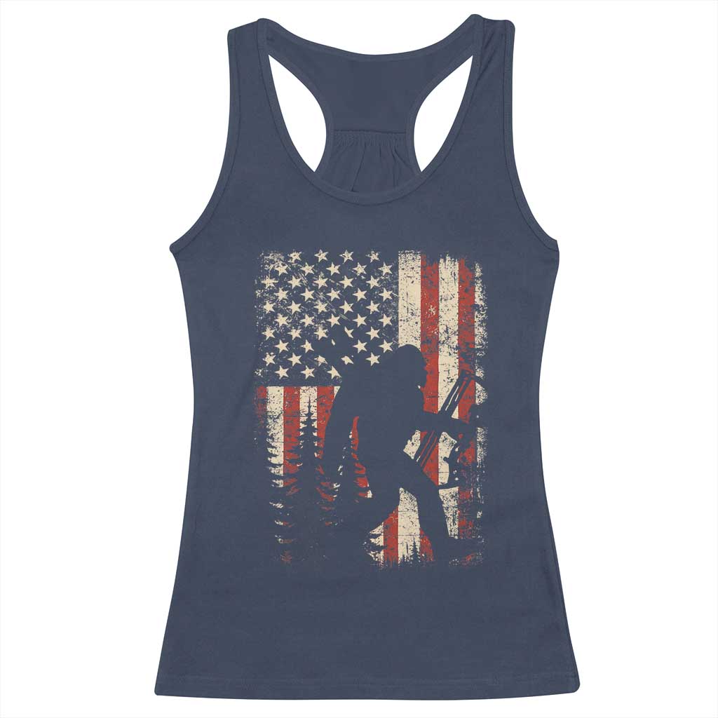 Bow Hunting Bigfoot America Flag Racerback Tank Top Patriotic Sasquatch With Archer Hunter Dad